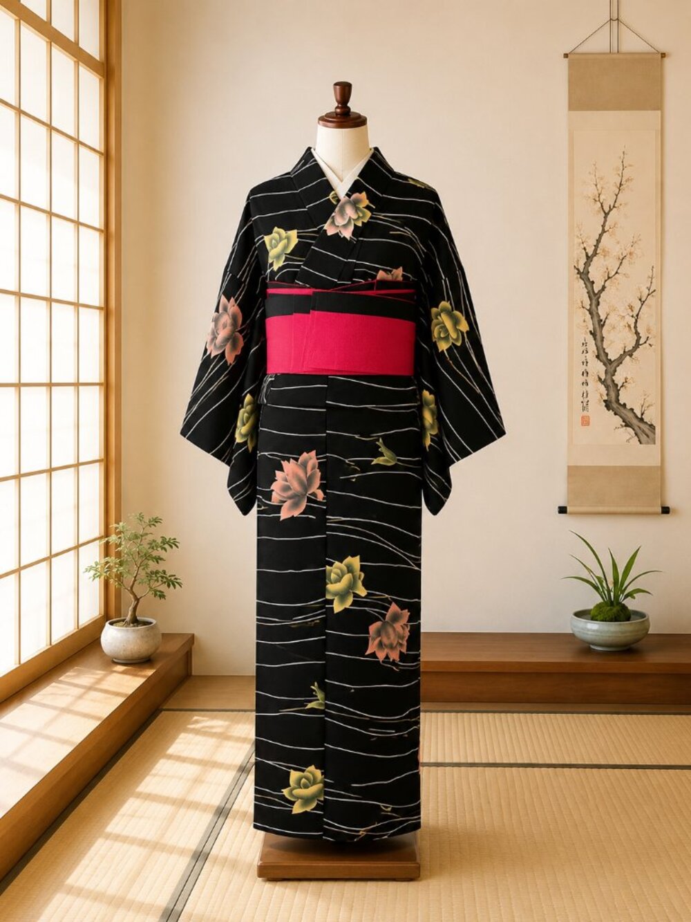 Vintage Japanese Kimono Obi Red Black Sash Belt Traditional Japan Collectible